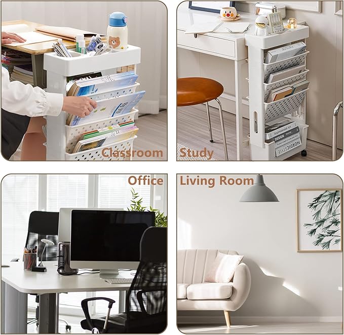 CINPIUK White Rolling Office Paper Organizer, Mobile Book Cart Document Folder File Storage with Pen Holder, Slim Rolling Storage Cart Movable Bookshelf for Office, Dorm, Classroom, Nursery-NeatNest