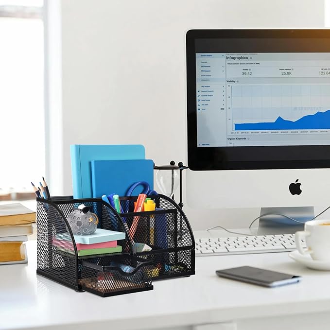 Comix Mesh Pen Pencil Holder Desk Organizer, 7 Compartment Wire Desktop Pen Pencil Cup Caddy Office Supplies for Home Office School, Black-NeatNest