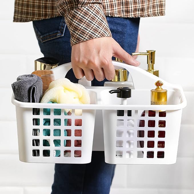 3 Compartments Plastic Shower Caddy Basket, Portable Divided Cleaning Supply Storage Organizer with Handle (White)-NeatNest