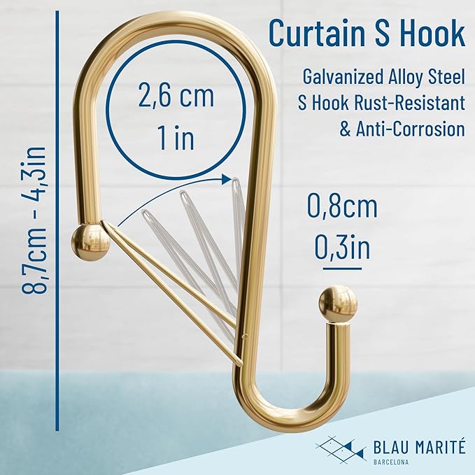 12 Decorative Metal Shower Curtain Hooks, S-Shaped Hooks with Anti-Fall System, Rust-Proof Shower Rings with Safety Buckle, Fits Rods Up to 1-Inch Diameter (S, Gold)-NeatNest