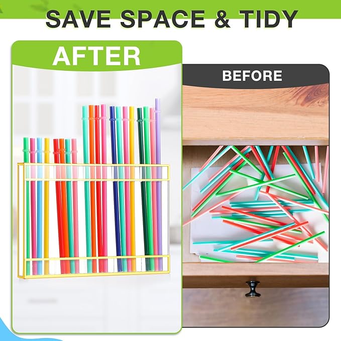 Acrylic Straw Holder for Cabinet Door with Double Sided Adhesive Tape Reusable Straw Organizer Tumbler Storage Kitchen Accessories Container for Counter Cupboard(Gold Trim,Large,Clear)