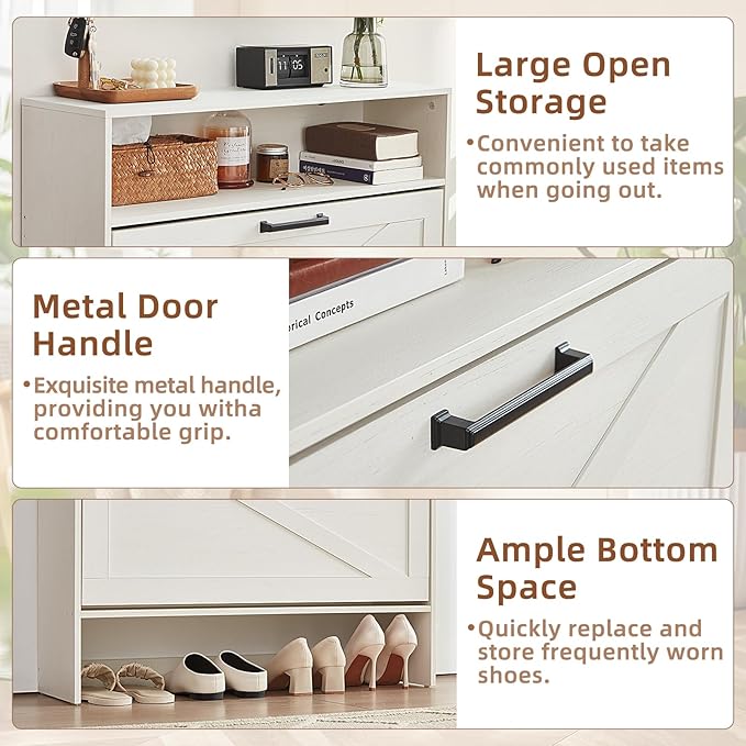 Shoe Storage Cabinet with 2 Flip Drawers,Farmhouse Narrow Shoe Organizer with Legs,Freestanding Hidden Slim Shoe Rack Cabinet with Open Storage for Entryway,Hallway, Foyer, White-NeatNest