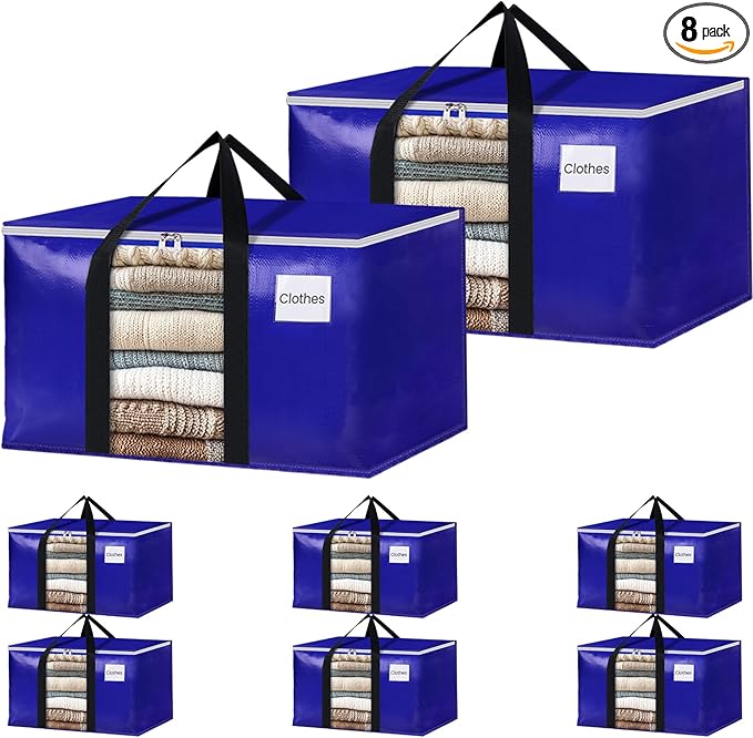 BlissTotes 8 Pack Moving Bags with Clear Window, Storage Bags with Strong Carrying Handles & Zippers,Large Packing Bags for Saving Space, Alternative to Moving Boxes(Blue,20 Gallon)-NeatNest