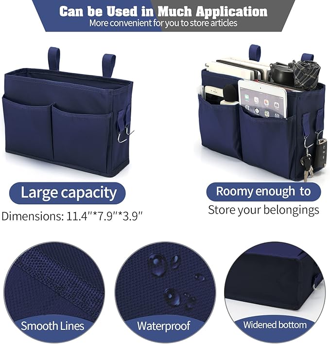 Bunk Bed Organizer, Bedside Caddy Hanging Bed Organizer Storage Bag with 4 Pockets and 2 Hooks, for College Dorm Rooms Bed, Hospital Bed, Baby Bed Rails, 600D Oxford Cloth (Navy Blue)-NeatNest