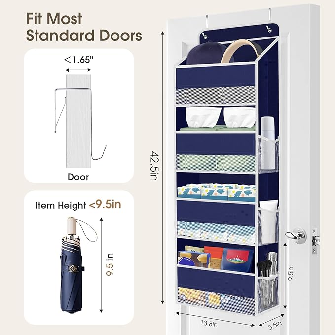 1 Pack Over The Door Organizer, Hanging Storage Organizer with Clear Window, 40lb Ultra Sturdy Large Capacity Room Organizer for Pantry Laundry Bathroom Nursery Closet (Blue)-NeatNest