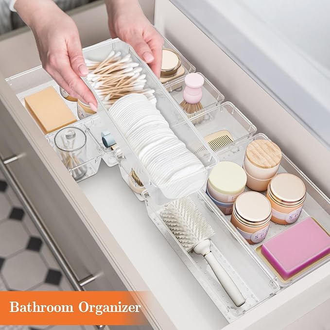 25 PCS Plastic Drawer Organizer Set, 4-Size Versatile Organizer Trays & storage Bins for Makeup, Jewelry, and Gadgets in Bathroom, Bedroom and Office,Clear White-NeatNest