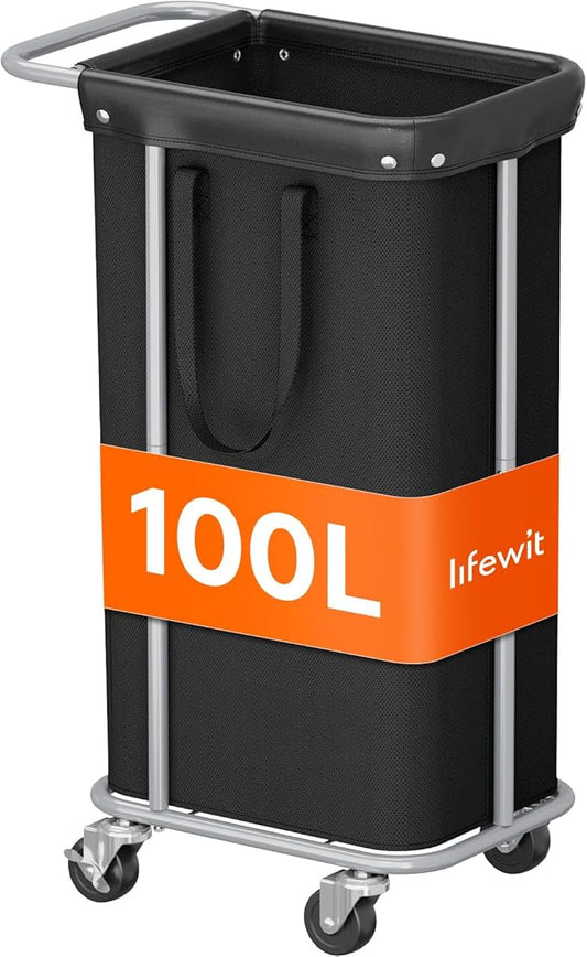 Lifewit 100L Large Laundry Basket with Wheels, Tall 1 Section Laundry Hamper Organizer, Rolling Laundry Cart with Steel Frame & Removable Bag for Luandry Room Bathroom Bedroom, Black