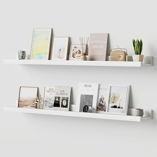 Floating Shelves for Wall, 36 inch Solid Wood Picture Ledge Shelf, Picture Shelf for Wall with Ledge, Floating Book Shelves for Living Room Bedroom Kitchen Nursery Decor, White, Set of 2