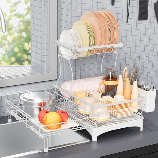 Dish Drying Rack for Kitchen Counter, Extendable Dish Rack with Drainboard, Kitchen Countertop 2 Tier Dish Drying Rack, Expandable Dish Strainer with Cutlery Holder, Removable Cutlery Holder（White）