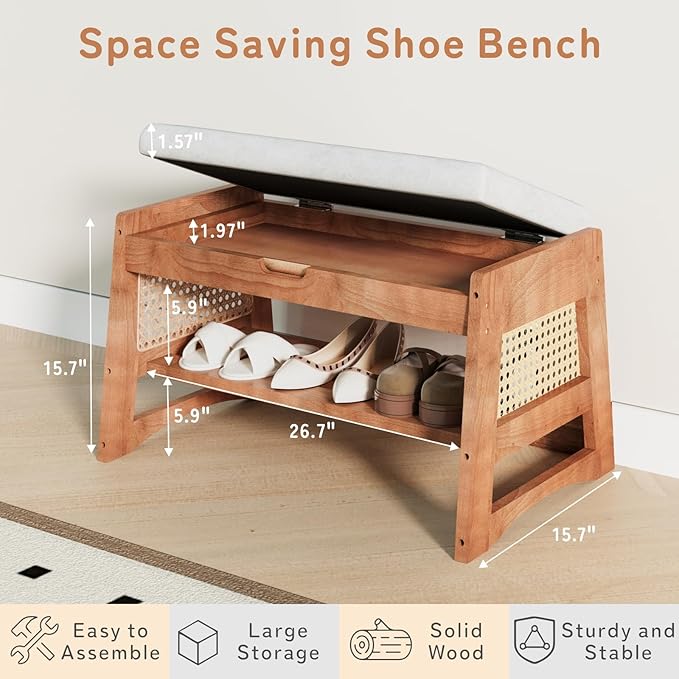 Shoe Rack Bench, 27.6" Solid Wood Entryway Bench with Flip-Top Storage, Cushion, Side Hooks, Shoe Organizer for Front Door Entrance, Hallway, Foyer, Closet, Living Room, Bedroom