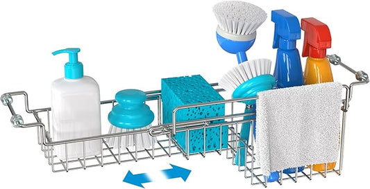 Over The Kitchen Sink Caddy Sponge Holder Organizer Drying Rack Expandable for Sponge Brush Soap Dish Cloth Rag Smaller 12.25" to 17.25", Stainless Steel-NeatNest