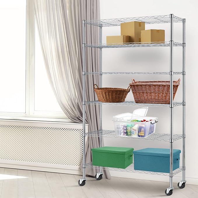 6-Tier Storage Shelf, Wire Shelving on Casters, NSF Height Adjustable Heavy Duty Metal Rack with Wheels for Office Bathroom Kitchen Garage Organization 2100 LBS Capacity-48 L×18" W×82" H-Chrome-NeatNest