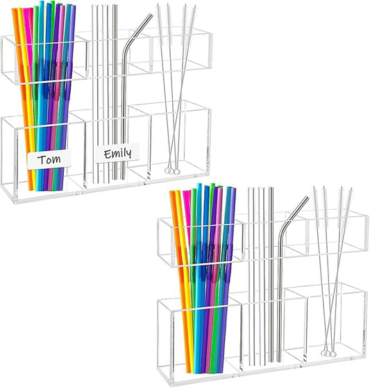 2 Pack Acrylic Straw Holder for Cabinet Door, 6" Clear Cabinet Straw Organizer with Double Sided Adhesive Tape and Sticker,Reusable Tumbler Organizer Storage for Kitchen Counter Cupboard