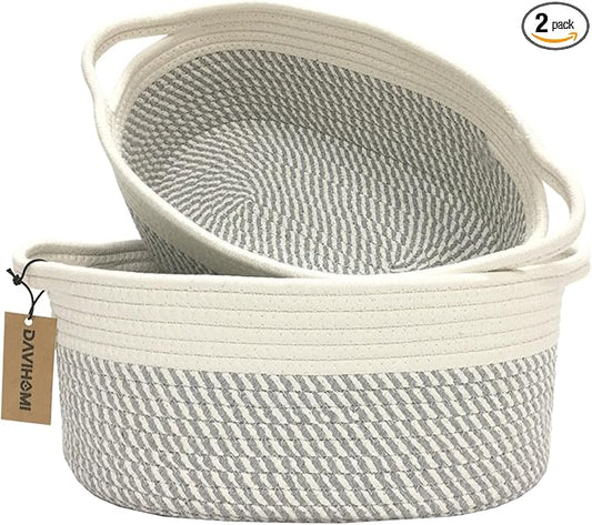 2PACK Medium Oval Decorative Storage Basket Set for Organizing|Nursery, Bedroom, Gift (White Grey)