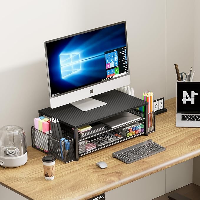 Desk Organizers and Accessories, 2-Tier Computer Monitor Stand Riser with Drawer and 2 Pen Holders, Laptop Stand, Office Desk Accessories for Office Supplies, Carbon Fiber