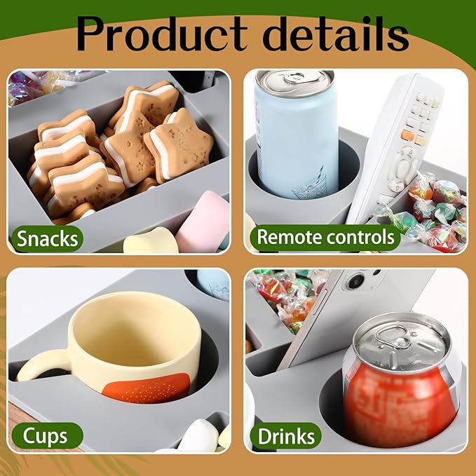 Yerliker Couch Cup Holder Tray, Silicone Couch Caddy Waterproof Anti-Spill Sofa Cup Holder for Sofa Bed Car Seat Organizer, Christmas Hold Mugs, Drinks, Snacks, Phones, Remotes (Grey,Acacia)-NeatNest