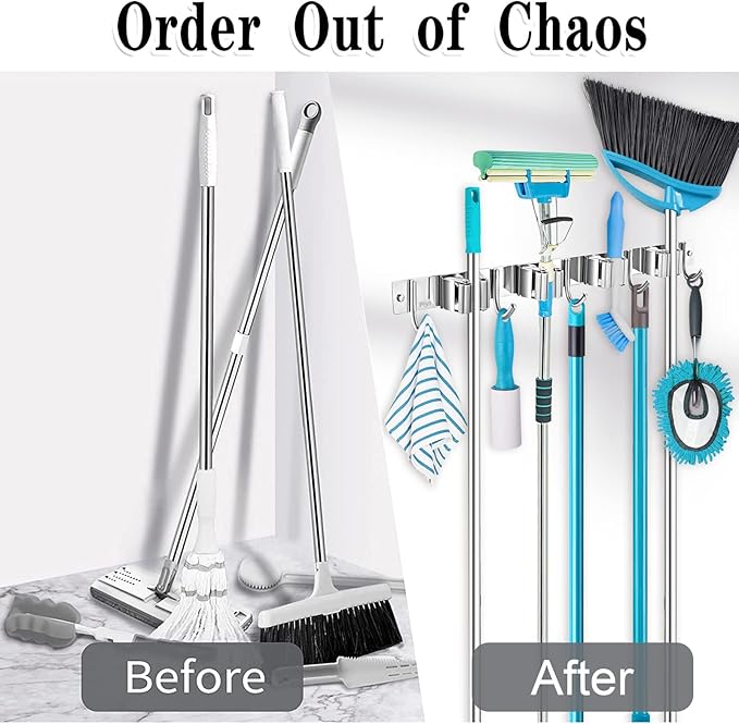 Piyl Broom Mop Holder Wall Mount Broom Hanger Wall Mounted Metal Organization Garage Storage Garden Kitchen Tool Organizer With 4 Racks and 5 Hooks (Silver, 1 Pack 4R5H)-NeatNest