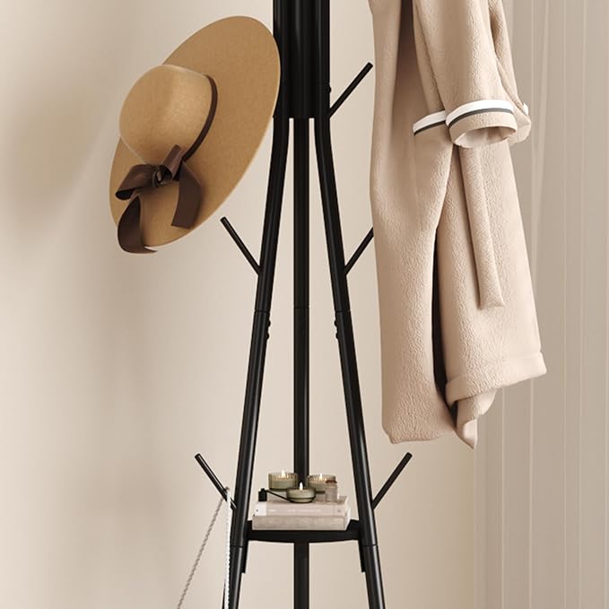HOMEFORT Coat Rack, Coat Hanger Stand with 2 Shelves, Freestanding Hall Tree, Metal Hat Hanger with 12 Hooks for Clothes Hats and Scarves (Black)-NeatNest