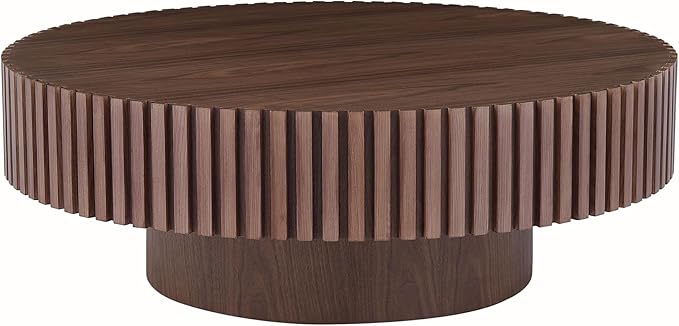 kevinplus 31.49'' Round Coffee Table Modern Wood Coffee Table for Living Room, Contemporary Circle Fluted Drum Style, Easy Assembly, Walnut (ø31.49'' x 13.77'')