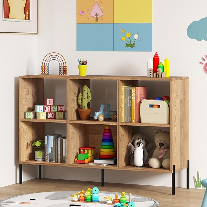 6 Cube Bookcase, Wood Storage Organizer with 5 Metal Legs, Bookshelf with Storage, Cubical Storage Shelf, Wooden Book Shelf, Display Shelves for Bedroom, Living Room, Entryway (Natural)