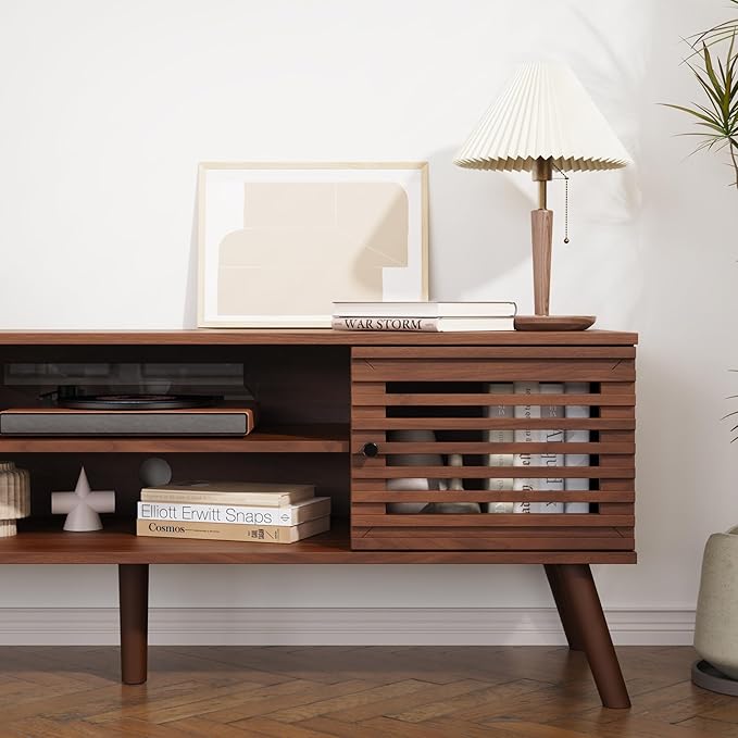 53" Mid Century Modern TV Stand for 50/55/60 inch TV, TV Media Console with Slatted Doors for TVs up to 60", Entertainment Center with Storage for Living Room, Bedroom, Walnut-NeatNest