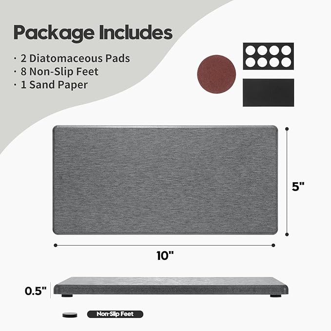2PCS 10"x 5" Large Bathroom Sink Vanity Trays, Water Absorbing Diatomite Stone Quick Drying Mat for Kitchen Counter, Dish Rack Dispensers Sponge Holder Caddy Organizer, Dark Gray,-NeatNest