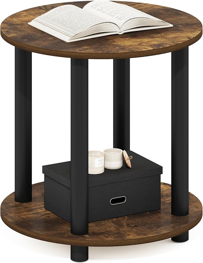 Furinno Turn-N-Tube Simple Design 2-Tier Round Wooden Small Coffee Table, Amber Pine-NeatNest