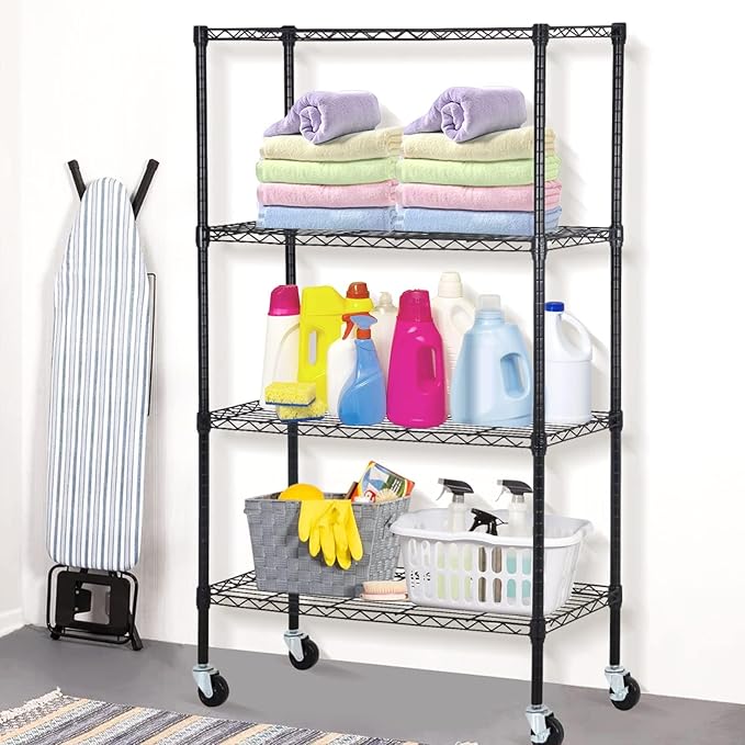 4 Tier Wire Shelving Unit 62" H x 36L x 14D Heavy Duty Metal Shelf 1400Lb Capacity Storage Shelves w/Wheels Adjustable Kitchen Storage Racks Wire Shelves for Pantry Garage, Black
