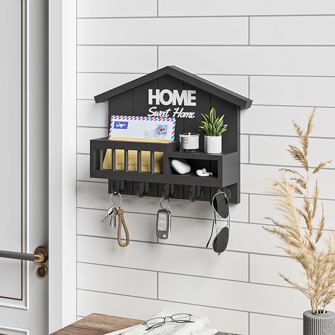 Key and Mail Holder for Wall, Wall Key Holder with Shelf, Home Key Holder for Wall, Wood Black Key Holder Wall Mount, Mail Organizer Wall Mounted, Entryway & Front Door Key Holder with 5 Hooks