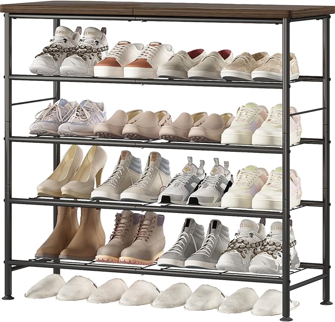 Shoe Rack Organizer 5 Tier for Closet Entryway Free Standing Metal Storage Shoe Shelf with MDF Top Board，Black+Rustic Brown-NeatNest
