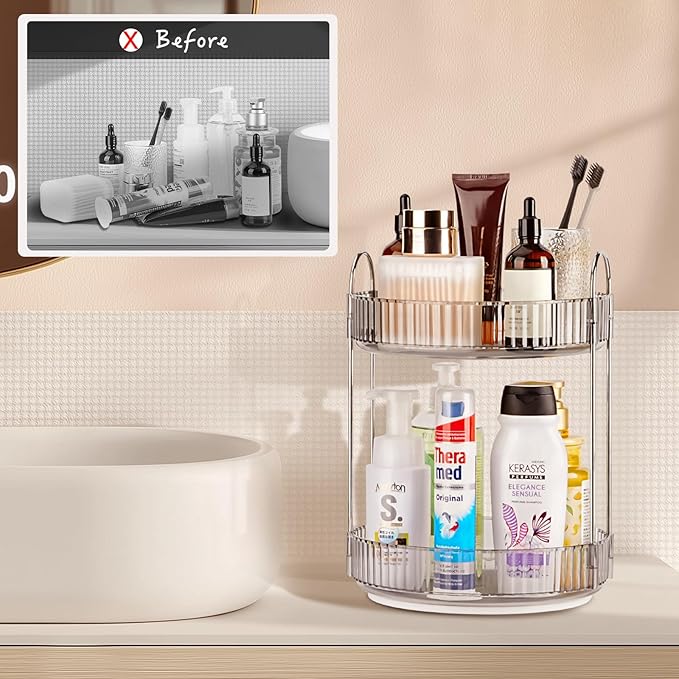 360 Rotating Makeup Organizer, 2 Tier Lazy Susan Bathroom Organizer, Easy to Install, Ideal Storage for Perfume, Skincare, Cosmetic, Dresser or Vanity Countertop (Classic Grey, 2 Tier)-NeatNest