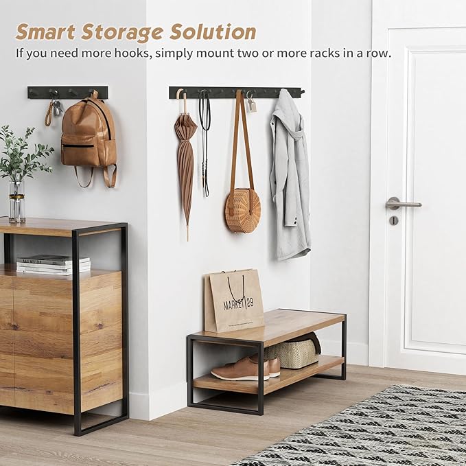 Forbena Black Coat Rack Wall Mount 4-Pack, Rustic Farmhouse Coat Hooks for Wall, Vertical Hanging Hat Rack for Office, Bedroom, Closet, Small Spaces, Kids Room Clothes, Entryway Shoes - 16 Pegs