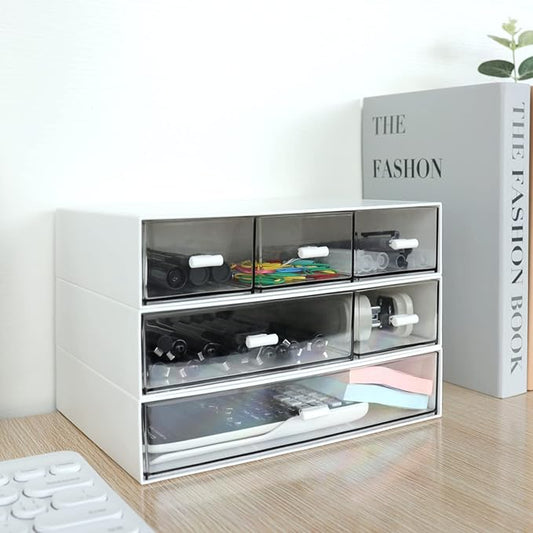 3 Tier Stackable Desk Organizer With 6 Drawers - Plastic Storage for Makeup and Desktop Organization (White)-NeatNest