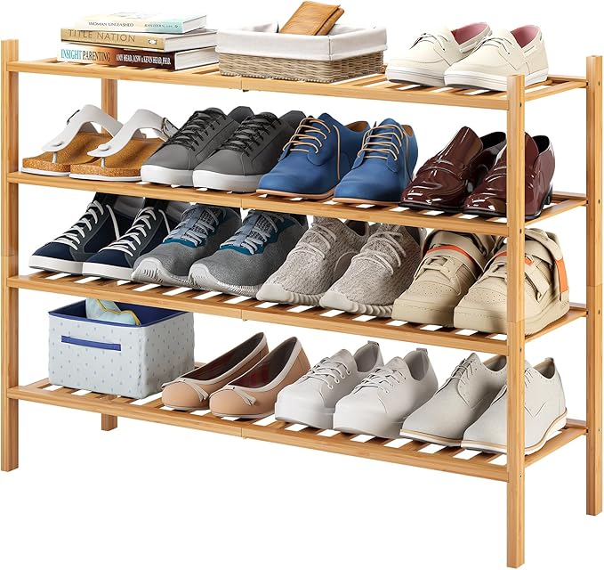 Long Shoe Rack, 4-Tier Bamboo Stackable Shoe Shelf Storage Organizer, Shoe Stand for Closet, Entryway and Hallway-NeatNest