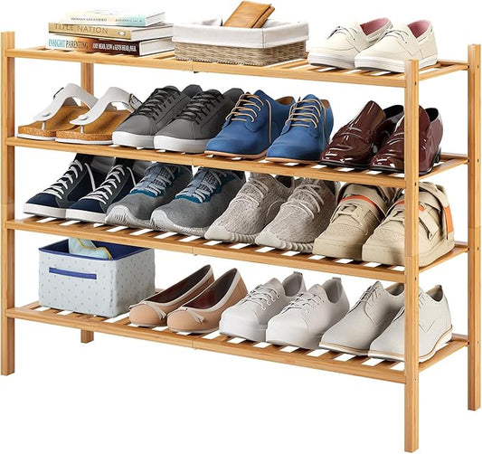 Long Shoe Rack, 4-Tier Bamboo Stackable Shoe Shelf Storage Organizer, Shoe Stand for Closet, Entryway and Hallway-NeatNest