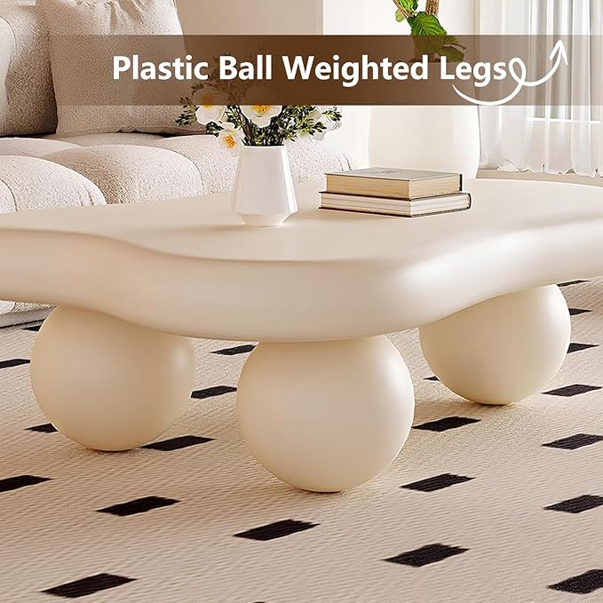 Cloud-Shape Cute Cream White Irregular Coffee Table with 3 Short Legs Modern Live Round Edge Coffee Table for Living Room Bedroom Easy Assembly,Cloud b White 47.2"-NeatNest