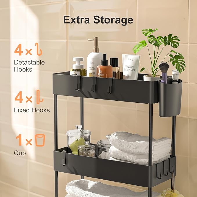 Pipishell Slim Storage Cart with Wheels, Bathroom Cart Organizer Bathroom Storage Small, Rolling Cart for Bathroom, Laundry Room, Kitchen, Narrow Space, Black PIUC05-NeatNest