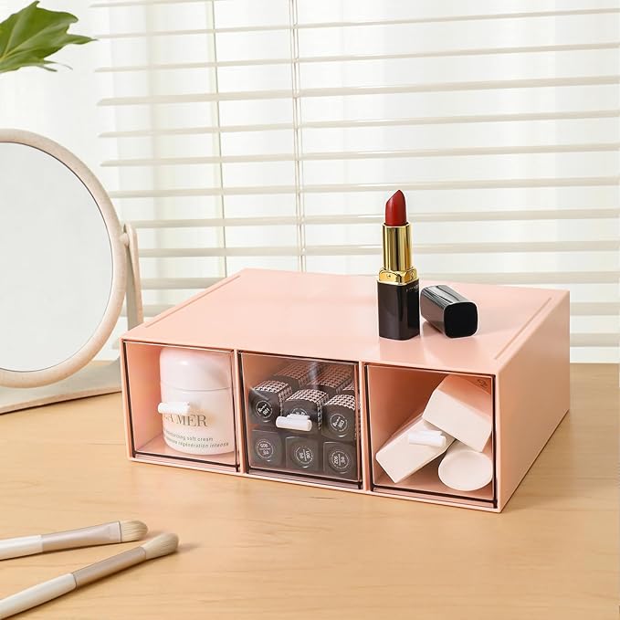 Plastic 3 Drawer Organizer for Cosmetic Storage, Desk Organizer, Makeup Organizer for nail polish, Lipstick, Brushes, Jewelry, Skincare, Bathroom Organization Boxes - Pink-NeatNest