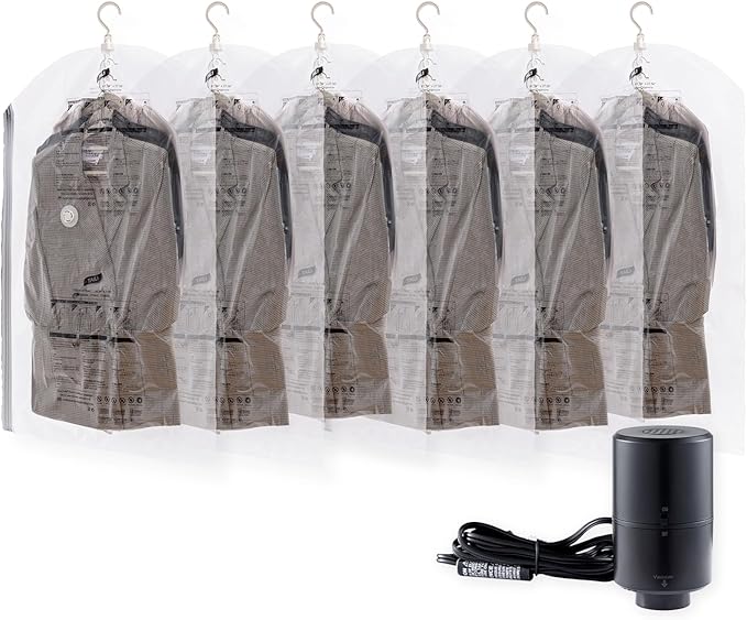 Hanging Vacuum Storage Bags with Electric Pump, 6 Pack (41.3 x27.6 inch), Vacuum Seal Bags for Clothing, Garment Storage for Short Jacket, Suits, Dresses, Closet Organizer Space Saving-NeatNest