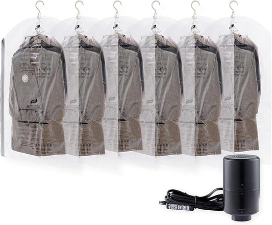 Hanging Vacuum Storage Bags with Electric Pump, 6 Pack (41.3 x27.6 inch), Vacuum Seal Bags for Clothing, Garment Storage for Short Jacket, Suits, Dresses, Closet Organizer Space Saving-NeatNest