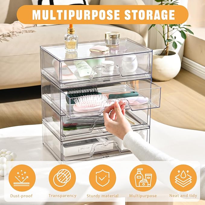 2 Pack Stackable Makeup Organizer, 12.1''L Acrylic Bathroom Organizer and Storage Undersink Drawer, Cosmetics and Beauty Supplies,Clear Plastic Storage Bins for Desk,Cabinet,Kitchen,Vanity,Pantry-NeatNest