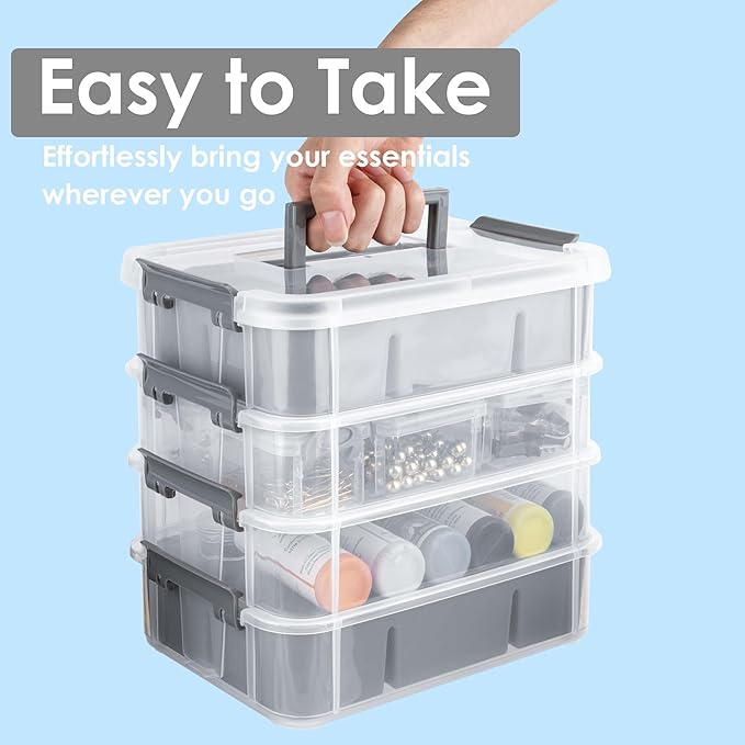Grey&White Modern Plastic Storage Box - 4-Layer Durable Craft Storage Containers with 2 Removable Trays for Arts & Crafts Supplies, Sewing, Office, Seasonal Decor