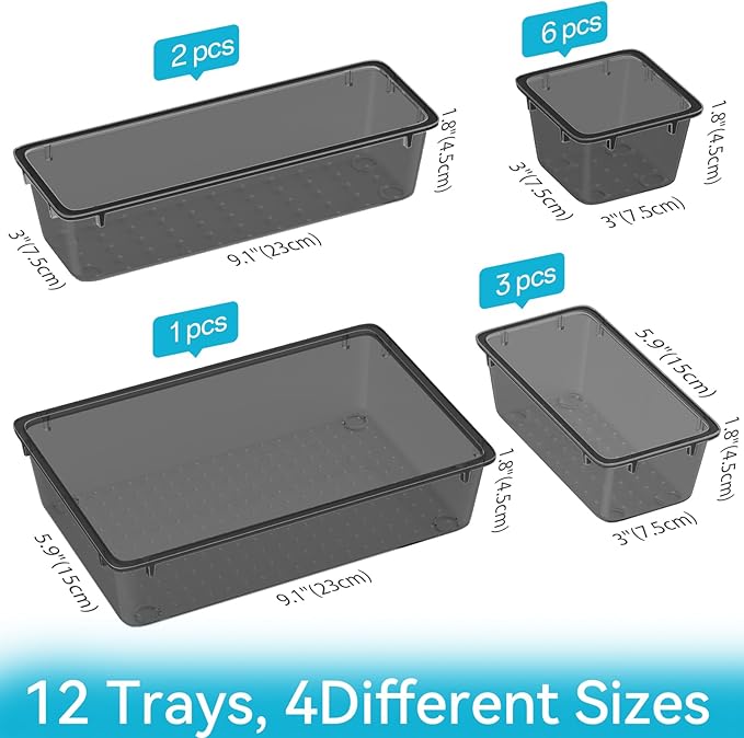 12-Piece Drawer Organizer Set, 4 Sizes Versatile Plastic Vanity Organizer for Makeup, Stationery, Gadgets, in Kitchen, Bathroom, Office, and Bedroom, Black-NeatNest