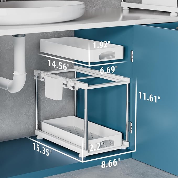 2 Pack Under Sink Organizers and Storage, Double Sliding Kitchen Cabinet Organizer, 2 Tier Height Adjustable Countertop Organizer for Kitchen Bathroom Laundry, White-NeatNest