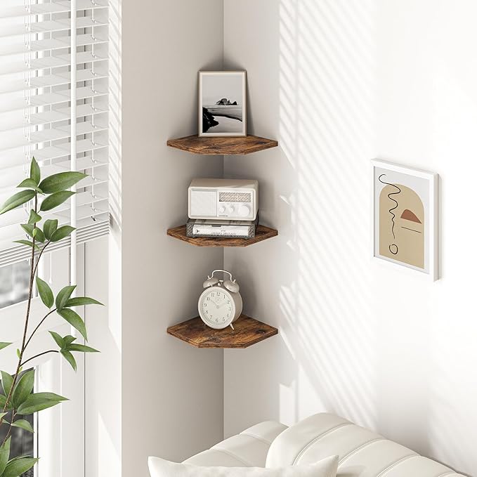 Corner Shelf Wall Mount, Floating Corner Shelves, Set of 3 Corner Wall Shelf Organizer, Rustic Wood Wall Storage Display Shelves for Living Room Bedroom Bathroom Kitchen, Rustic Brown-NeatNest