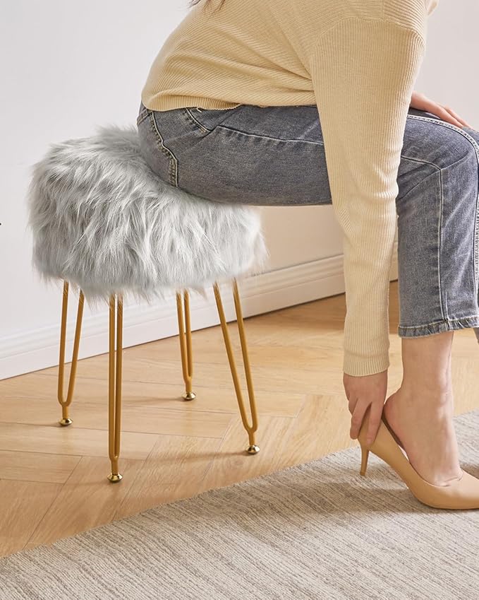 IBUYKE Round Faux Fur Vanity Stool with Storage, Furry Makeup Chair Ottoman, Soft Padded Seat, Round Footrest Footstools with 4 Metal Legs, for Living Room Bedroom Entryway, Gray WBD021G