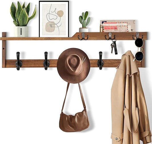 29'' Coat Rack Wall Mount with Shelf, Coat Hanger Wall Mount with Key Hooks and Mail Holder, Wood Entryway Floating Shelf with Hooks and Storage, Hat Rack for Wall Key Holder Mail Organizer