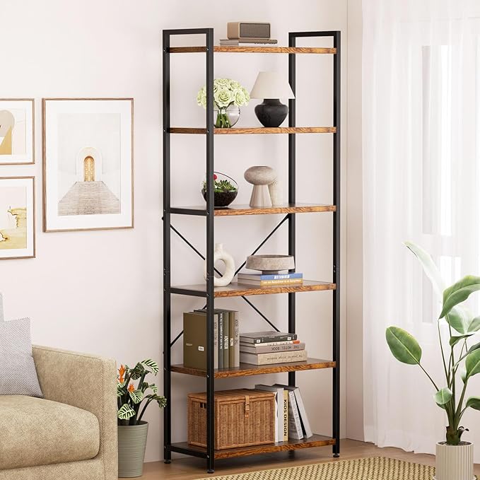Casaottima Book Shelf, 6 Tier Tall Bookshelf, Modern Wood Bookcase Shelves for Bedroom, Industrial Display Shelf for Living Room Home Office Kitchen, Standing Shelving Unit Storage Organizer, Vintage-NeatNest
