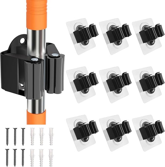 Adhesive Broom Holder Wall Mount - 9 Pack Mop Hanger Cleaning Tools Handle Grippers Organizers - Heavy Duty Metal Broom Clip Hooks for Laundry Room Utility Closet Garage Garden Bathroom (Black)