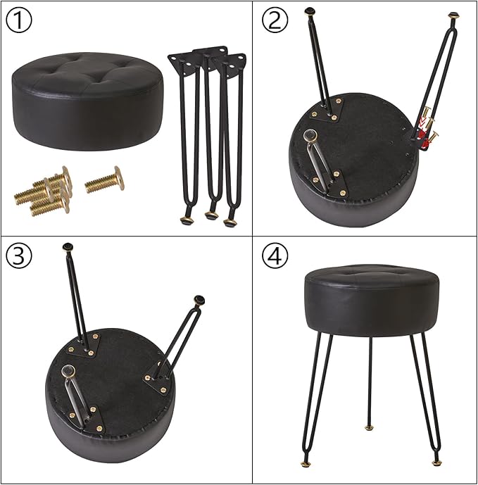 IBUYKE Faux Leather Round Footrest Stool, Makeup Vanity Stool Side Table, PU Dressing Table Seat, Pouf Couch Stool, Golden Steel Legs, Black LG-31B